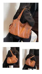 Detailed shots of a brown large-capacity leather tote bag worn by a model in a hobo style