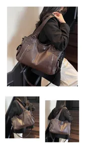 Large brown leather tote bag detail showing versatile shoulder and crossbody styling