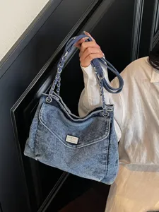 Sac Cabas en Denim Délavé pour Femmes Sac à Main Épaule avec Chaîne Métallique Rétro Fermeture à Loir Sacs de Navette Élégants