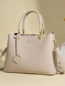 Women PU Leather Tote Bag Large Capacity Shoulder Handbag Casual Top Handle Satchel With Heart Pendant