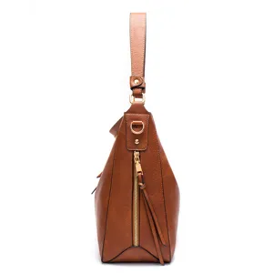 Side profile of brown faux leather hobo bag showing gold zipper detail