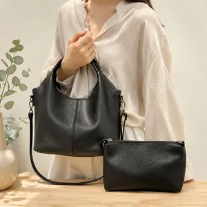 Vintage soft pebbled leather hobo bucket bag set with matching pouch for women
