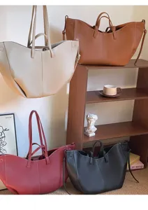 Minimalist large capacity bucket tote bags in beige, brown, red, and black leather finish
