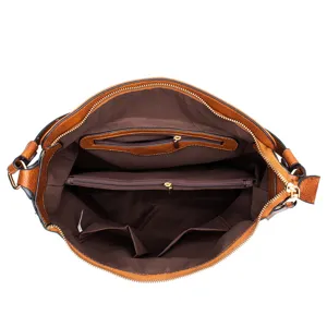 Macro view showing the internal compartments of a brown retro hobo bag