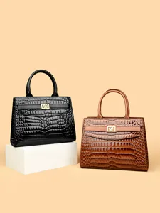 Retro Crocodile Pattern Embossed PU Leather Tote Bag For Women With Leopard Print Details Gold Floral Lock Commuter Handbag