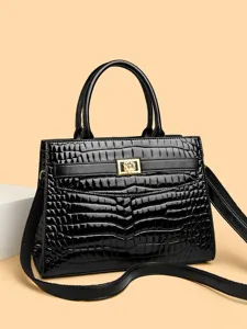 Vintage black crocodile pattern tote bag with golden rose buckle and shoulder strap