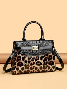 Retro leopard print and crocodile texture tote bag with gold floral lock