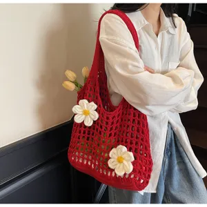 Bolso de malla de ganchillo rojo con flores blancas en 3D para la playa y uso diario.