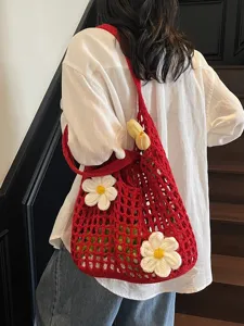 Bolso de malla de ganchillo rojo hecho a mano con flores blancas para playa verano
