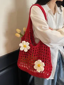 Bolso de malla de ganchillo rojo con flores blancas y gran capacidad