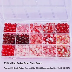 Red theme 15-grid set of 8mm glass beads for DIY jewelry making in a storage box