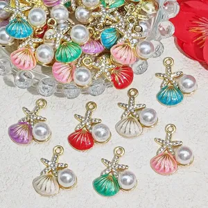 Sweet Alloy Enamel Shell Starfish Charms With Rhinestone Artificial Pearl Embellishments For DIY Jewelry Craft Keychains Bags Supplies