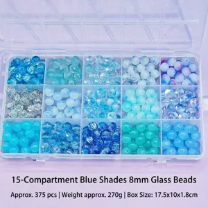 Detailed view of 15-grid blue glass bead set with 8mm beads for DIY jewelry making