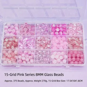 15-grid pink 8mm glass bead kit for DIY jewelry making with storage box