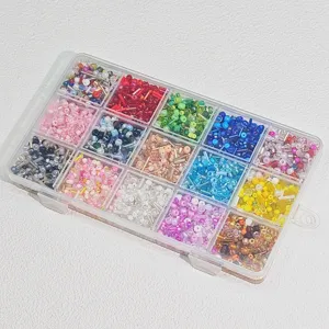 Detailed view of 15-compartment storage box filled with colorful mixed glass seed beads for DIY