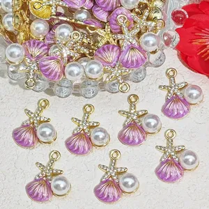 Elegant set of purple enamel shell starfish charms with pearls for DIY jewelry making