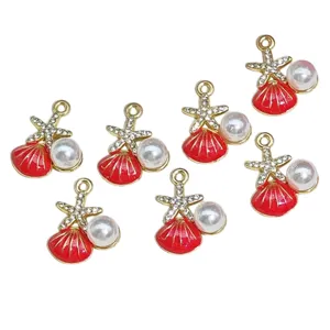 Cute red enamel shell charms with starfish and pearl for DIY jewelry making accessories