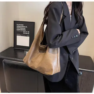 Retro brown textured faux leather hobo tote bag for women stylish commuter handbag