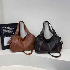 Large capacity PU leather tote bag with multi-zip design for commuting and travel