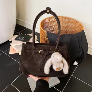 Women Suede Tote Bag Large Capacity Shoulder Bag Retro Casual Top Handle Bag With Without Pendant Fashion Handbag