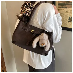 Vintage brown suede large capacity tote bag with belt buckle and cute bunny charm