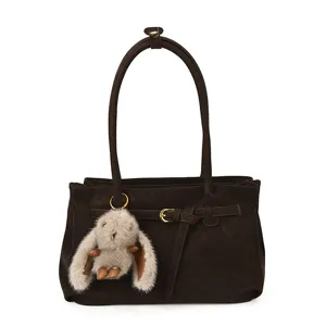 Retro brown suede tote bag with buckle detail and bunny charm