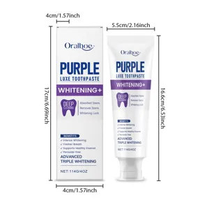 Detailed dimensions of Oralhoe purple luxe whitening toothpaste and packaging box