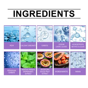 Detailed ingredients list for toothpaste showing natural extracts and cleaning agents