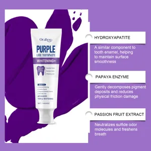 Detail of Oralhoe purple toothpaste showing ingredients like papaya enzyme and hydroxyapatite.