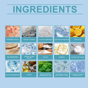 Ingredients list for portable mouthwash tablets showing natural extracts and minerals.