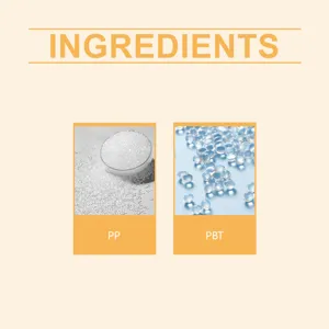 Detalle que muestra las materias primas PP y PBT para las cerdas de cepillos de dientes suaves.