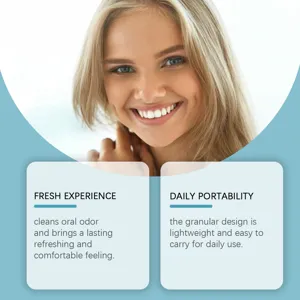 Portable mouthwash granules detail showing fresh breath benefits and a bright smiling woman