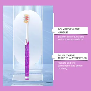Detail view of toothbrush with polypropylene handle and PBT bristles for gentle cleaning