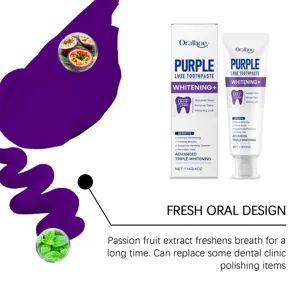 Close-up of Oralhoe purple whitening toothpaste texture and ingredient highlights