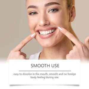 Macro view of smiling model's white teeth with text explaining smooth use of mouthwash tablets