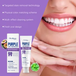 Close-up of whitening results and Purple Luxe Toothpaste packaging for daily care