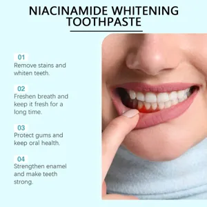 Close-up detail of whitening toothpaste effects on teeth and healthy gum care results.