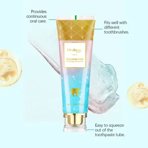 Oralhoe Niacinamide Whitening Toothpaste tube showing product features and gel texture detail