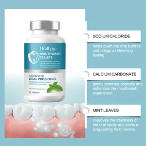Detail of Oralhoe mouthwash tablets showing ingredients like sodium chloride and mint