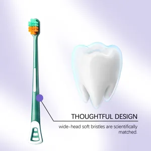 Detail view of wide-head toothbrush with soft bristles and a tooth model representation.