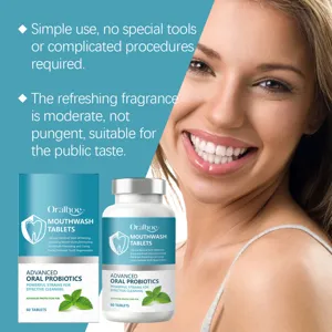 Oralhoe mouthwash tablets and packaging shown with a bright white smile for oral care