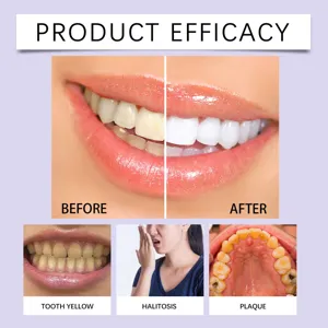 Detailed view showing product efficacy for tooth whitening, halitosis, and plaque removal.