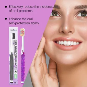 Detail of Oralhoe soft bristle toothbrush beside healthy white teeth smile concept