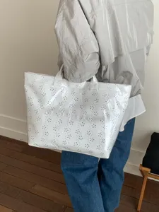 Women Fashion PVC Hollow Out Floral Tote Bag Double Layer Transparent Jelly Handbag Large Capacity Commute Office Bag