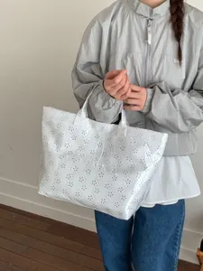 White floral cutout double-layer PVC tote bag for women, commuter style office handbag