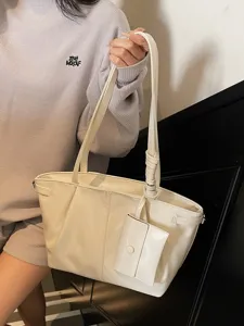 Große beige Shopper-Tasche aus weichem Leder für Damen, ideal für das Büro-Alltag