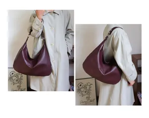 Side and front view of a model carrying a vintage burgundy leather shoulder bag
