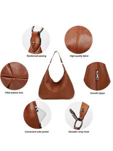 Vintage brown oil wax leather hobo shoulder bag for women featuring detail views