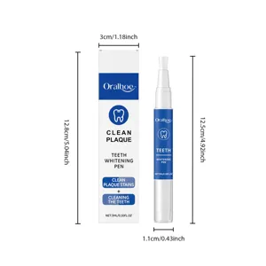 Detail showing ORALHOE teeth whitening pen dimensions with 12.8cm box and 3ml portable pen.