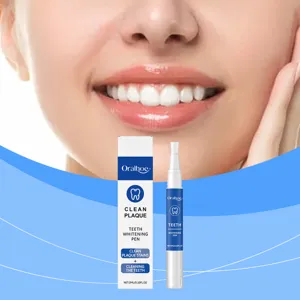 Oralhoe teeth whitening pen and packaging shown against a background of a smiling model